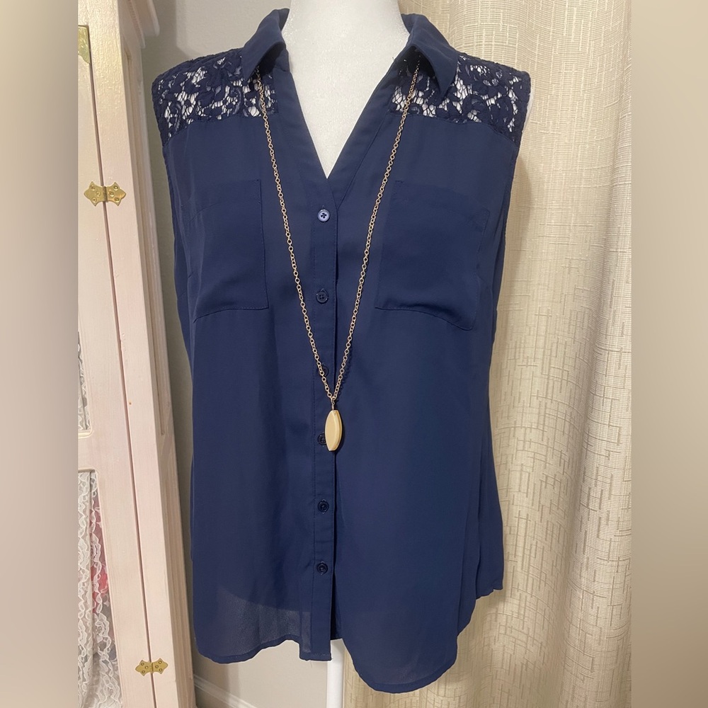 Button Down Blouse Sleeveless Eyelet Lace Overlay Navy Blue M